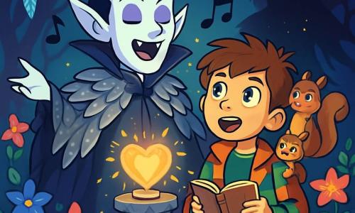 An elegant vampire with moon-like pale skin and bright purple eyes stands in the center of a magical garden filled with starry flowers. He wears a shimmering silver feathered cape and has a soft yet determined expression. Beside him, a 10-year-old boy with messy brown hair and sparkling green eyes admires the vampire. He wears a colorful patchwork coat and holds a notebook, ready to jot down their discoveries. Nearby, a small brown squirrel with bright eyes sits on the boy's shoulder, looking around mischievously. 

The garden is enchanting, filled with vibrant flowers, sparkling vines, and glowing crystals hanging from branches, creating a fairy-tale atmosphere. At the center, an ancient stone pedestal supports a crystalline heart pulsating with golden light. 

The main scene shows the vampire and the boy united, singing together to protect the magical garden from a looming shadow in the background, which is pushed back by the light of their song.