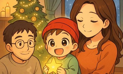 A 2-year-old boy with a wide smile and bright eyes wears a small red hat and striped soft socks, holding a tiny glowing star and gazing in wonder as his mother, about 30 with loose brown hair and a tender expression, cradles him on his right while humming, and his father, about 35 with a light beard and round glasses, stands left placing a warm bowl on a small table and smiling; a toy reindeer with a red scarf sits at the foot of a large decorated Christmas tree with golden baubles and blinking lights in a cozy living room with light wood floors and a cream rug, stylized safe candles on a shelf and a frosted window showing gentle snowfall outside—a warm, calm nighttime moment with golden light on their faces contrasting the cold blue of the snow, creating a soft, reassuring, magical atmosphere.