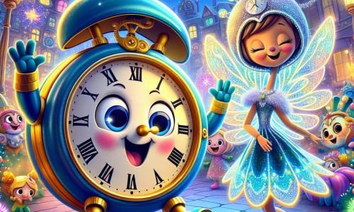 Clive, a cheerful clock with big round eyes and a joyful smile, dances enthusiastically at the center of the stage, his little hands waving happily in the air. He has a polished wooden body, painted bright blue, with golden gears that shine under the twinkling lights. Next to him, Tilly, the time fairy, floats gracefully in the air. She has sparkling wings resembling flower petals and wears a dress made of silver light. Her radiant face beams with a kind smile, adding a touch of magic to the scene. The setting is the central square of Tick Tock Town, adorned with colorful fairy lights and floating balloons. Stars twinkle in the night sky, while a large Christmas tree sparkles in the background, surrounded by vibrant flowers. The main scene shows Clive and Tilly celebrating the New Year, surrounded by amazed villagers who applaud and laugh, creating a festive and joyful atmosphere. The bright colors and dazzling lights make the entire image magical and welcoming.