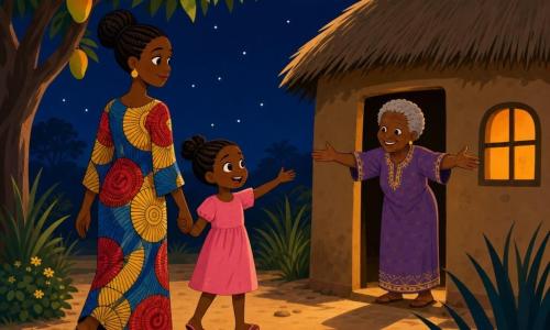 The main character is Mama Awa, a serene smiling woman with warm brown skin and braided bun wearing a long colorful dress with bold yellow, red and blue patterns, walking slowly holding the hand of Nia, a about‑6‑year‑old girl with big round eyes, dark skin and a simple pink dress, who walks to Mama Awa’s left and looks excitedly at the house; Grandma, about 65, with short gray hair and a kindly wrinkled face, stands in the cottage doorway with arms outstretched; a sandy path with a few round stones is bordered by a large broad‑leaf mango tree, a small bush and stylized tall grasses; the night sky is deep blue with a large yellow moon and simple dotted white stars, a cottage window glows warm orange; overall Mama Awa and Nia walk hand in hand toward Grandma’s house under the moon in a soft, reassuring scene with long shadows, simple shapes and flat contrasting colors.