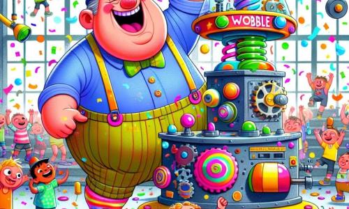 A cheerful man, Mr. Wobble, with a round belly that jiggles like jelly, wears mismatched socks and a colorful hat. He has a wide smile and sparkling eyes as he presses the button on his machine. Next to him, an 8-year-old girl with curly hair and round glasses dances enthusiastically, arms raised, surrounded by colorful confetti. In the background, a group of children and dogs are having fun, laughing and dancing around the machine. The setting is a bright and lively workshop filled with colorful tools, shiny mechanical parts, and drawings on the walls, creating a joyful and inventive atmosphere. The main scene shows Mr. Wobble, smiling broadly, activating his whimsical machine that dances and shoots confetti, while all the children around joyfully play and dance.