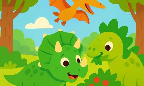 A triceratops named Tino, with green skin and shiny scales, stands happily in a sunny clearing. His three sharp horns and large frill are clearly visible, and he has a curious, playful smile. Next to him, a Pteranodon named Pippa, with large orange wings and a long beak, joyfully flies in the air, her eyes sparkling with joy. A Stegosaurus named Sef, with green plates on his back and a friendly look, stands near Tino, munching on leaves from a tree. The clearing is surrounded by tall trees with thick trunks and colorful flowers dancing in the gentle breeze. The ground is covered with soft grass and shiny pebbles. In this scene, Tino, Pippa, and Sef are together discovering a large bush with red berries, laughing and having fun while counting the berries, creating a joyful and friendly atmosphere.