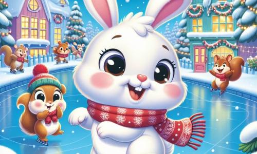 A little white rabbit named Benny, with big round eyes and pink cheeks, joyfully glides on an outdoor ice rink, a big smile lighting up his face. He wears a red scarf that flutters in the wind, and his little paws excitedly move on the shiny ice. Beside him, his best friend, Molly the little squirrel with brown fur and sparkling eyes, claps and laughs while trying to imitate him. She is perched on the edge of the rink, her little paws raised, full of energy and encouragement. The setting is a charming snowy village, with houses topped with snow, pine trees decorated with lights, and snowflakes gently falling from the light blue sky, creating a magical and festive atmosphere. Benny and Molly are having fun together, discovering the joys of ice skating, surrounded by the glow of Christmas lights and the beauty of an enchanting winter landscape.