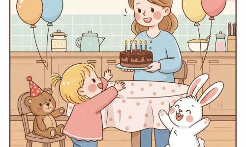 A radiant 2-year-old girl with short blonde pigtails, round cheeks and bright eyes stands on tiptoe reaching for a chocolate cake while her smiling mother with chestnut hair holds the lit-candle cake behind a round table; a small brown teddy bear named Mr. Cuddles wearing a red party hat sits on a chair to the left and a fluffy white rabbit named Benny with pink ears hops enthusiastically to the right; the warm kitchen has a light wood countertop, pastel tiles, colorful garlands and balloons, a polka-dot tablecloth, and a soft, bright, festive atmosphere rendered in gentle colors, rounded lines and slightly felted textures suitable for toddlers.