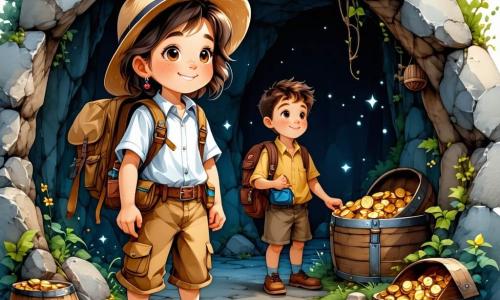 Ana, o tânără de aproximativ 12 ani, stă în centrul imaginii, cu părul castaniu ondulat și ochii strălucind de curiozitate. Ea poartă o vestă de explorator plină de buzunare, o pălărie de paie și un rucsac în spate. Fața ei exprimă o mare excitație în timp ce descoperă o cameră secretă plină de comori. Lângă ea, Alex, un băiat de 12 ani cu părul blond în dezordine și ochelari rotunzi, examinează un jurnal vechi cu o privire uimită. Decorul este o cameră misterioasă, cu pereți din piatră acoperiți de inscripții vechi și vițe verzi. Razele de lumină filtrează prin fisuri în tavan, iluminând artefacte strălucitoare și o ladă mare din lemn în centrul camerei. Situația principală arată cum Ana și Alex descoperă împreună o comoară ascunsă, înconjurați de relicve vechi, în timp ce o atmosferă de aventură și mister plutește în aer.