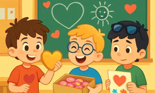 Ci sono 3 personaggi: Marco, un ragazzo di 8 anni con capelli castani disordinati, indossa una maglietta rossa con un cuore disegnato sopra. È in piedi a sinistra, sorridente e tiene un grande biscotto a forma di cuore. Luca, un ragazzo di 8 anni con capelli biondi e occhiali rotondi, indossa una maglietta blu. Si trova al centro, ridendo e tiene un cartone pieno di piccoli biscotti decorati con glassa rosa. Giovanni, un ragazzo di 8 anni con capelli neri e occhiali da sole sulla fronte, indossa una maglietta verde. È a destra, un po' timido, e tiene un grande biglietto colorato con una poesia scritta sopra. La scena si svolge in un'aula decorata per la festa di San Valentino, con muri ornati da ghirlande di cuori di carta rossa e rosa e tavoli coperti da tovaglie bianche con piatti pieni di biscotti colorati e caramelle. I tre amici scambiano biscotti e cartoline, circondati da risate e sorrisi. Marco mostra orgogliosamente il suo biscotto a forma di cuore, mentre Luca condivide le sue dolcezze con entusiasmo e Giovanni, un po' nervoso, presenta la sua poesia a una compagna. L'atmosfera è piena di gioia e amicizia, con scoppi di risa che risuonano nella stanza.