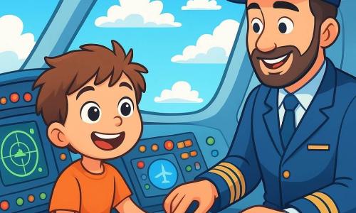 Un joven llamado Lucas, con ojos brillantes y cabello castaño desordenado, está sentado en el asiento del copiloto de un avión. Su rostro irradia emoción y asombro mientras observa los instrumentos de vuelo. A su lado, su tío Carlos, un hombre de unos cuarenta años con barba cuidada y uniforme de piloto azul, sonríe orgulloso mientras le muestra los controles. Están en la cabina de un avión moderno, rodeados de botones coloridos, pantallas luminosas y una vista espectacular de un cielo azul con nubes blancas. La imagen muestra a Lucas descubriendo el fascinante mundo de la aviación, con una mirada curiosa y las manos en los controles, listo para aprender a volar.
