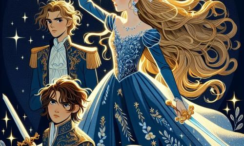 La princesa Elara, una joven de unos 16 años, tiene largos cabellos dorados que brillan como el sol y lleva un elegante vestido de terciopelo azul, adornado con motivos florales brillantes. Muestra una expresión de determinación y coraje, levantando el Cristal del Conocimiento sobre su cabeza, iluminando su rostro con una suave luz. A su lado está Calen, un joven de 18 años, con cabello castaño desordenado y ojos llenos de valentía. Empuña una espada brillante, listo para defender a la princesa, y se mantiene ligeramente detrás, cuidándola con una expresión protectora. Miriel, una sabia bruja de unos 30 años, está al otro lado de Elara. Tiene largos cabellos plateados y lleva un vestido fluido adornado con símbolos mágicos. Levanta su bastón brillante, lista para conjurar un hechizo, con una mirada concentrada y decidida. La escena se desarrolla en la cima de la Montaña del Susurro, un lugar majestuoso rodeado de nubes flotantes y rocas brillantes. El cielo es de un azul profundo, salpicado de estrellas brillantes, y un portal de piedra antigua, cubierto de runas luminosas, se erige detrás de ellos, emitiendo un resplandor místico. La situación principal muestra a Elara, Calen y Miriel unidos frente a una sombra amenazante que se perfila ante ellos, lista para desafiarlos. La luz del cristal de Elara ilumina la escena, simbolizando la esperanza y el valor en un momento de tensión palpable.