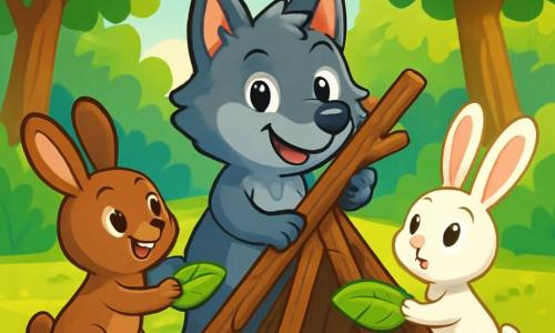 Un pequeño lobo llamado Lupo, con un pelaje gris brillante y ojos curiosos, se encuentra en el centro de un claro del bosque, mostrando una sonrisa confiada y alegre. Está ayudando a un grupo de pequeños conejos a construir una cabaña de madera, usando sus patas para sostener una gran rama. A su derecha, un pequeño conejo blanco de grandes orejas, con una mirada asombrada y agradecida, sostiene una hoja para estabilizar la estructura. A la izquierda, otro conejo marrón, con ojos chispeantes, se prepara para añadir hojas al techo, mostrando su entusiasmo. El lugar es un claro verde, rodeado de grandes árboles con troncos robustos y hojas de un verde brillante, con rayos de sol filtrándose a través de las ramas, creando una atmósfera cálida y acogedora. La escena principal muestra a Lupo, lleno de determinación y felicidad, colaborando con sus amigos para construir juntos, ilustrando así la importancia de la ayuda mutua y la confianza en uno mismo.