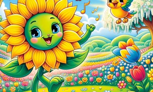Un giovane girasole di nome Verde, con grandi petali gialli brillanti e un cuore marrone dorato, danza felicemente sotto il sole radioso, mentre le sue foglie verdi vibranti ondeggiano al ritmo della musica primaverile. Accanto a lui, un piccolo passerotto dalle piume colorate, con un'aria giocosa, vola attorno a lui, cantando allegramente e portando un tocco di magia alla scena. Sullo sfondo, un campo di fiori multicolori si estende a perdita d'occhio, con tulipani, margherite e papaveri che danzano nel vento, mentre un grande melo, carico di fiori bianchi, si erge maestoso. La scena principale mostra Verde e il passerotto che celebrano insieme la festa di primavera, circondati dalla bellezza della natura, creando un'atmosfera gioiosa e festosa.