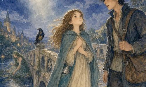 Principessa di circa 12 anni dallo sguardo sereno e timido, vestito crema semplice e mantello blu-verde di lana, mani sul petto e sorriso rivolto alla luna, con una piccola campanella d'argento nella tasca e capelli castano chiaro mossi dal vento; un giovane messaggero di ~18 anni, capelli neri arruffati e abiti da corriere un po' sporchi, bussola in spalla, accanto a lei sul ponte con aria sollevata e sorpresa; una guardiana del fiume di ~30 anni con capelli verdi, inginocchiata sul bordo a togliere foglie (sullo sfondo a sinistra); un corvo bibliotecario nero lucido posato sulla balaustra che osserva; luogo: antico ponte in pietra chiara con balaustre scolpite a stelle e muschio, sopra acqua calma che riflette la luna piena; cielo indaco con leggere nubi e un largo raggio argentato che illumina il ponte; atmosfera calma e benevola, colori pastello acquerellati, luci soffuse e riflessi con evidenziazioni bianche, trame di pietra e tessuto percepibili; scena principale: la principessa e il messaggero al centro del ponte mentre lei rivolge un saluto umile e riconoscente alla luna, la guardiana lavora e il corvo osserva.