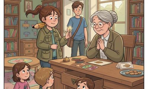 Lina, giovane detective (circa 12–14 anni), appare serena e concentrata, viso rotondo, treccia alta, giacca kaki con grandi tasche e una matita dietro l’orecchio; tiene tra due dita una piccola chiave di ottone lucente e guarda una serratura a forma di foglia. Ada, bibliotecaria adulta (circa 60 anni), è seduta alla vecchia scrivania di legno, capelli grigi raccolti, occhiali tondi, mani congiunte, volto sollevato e riconoscente, leggermente chinata verso Lina. Luca, ragazzo corriere adolescente (circa 18 anni), è sulla porta con la tracolla sulla spalla, espressione timida e guardo basso. In primo piano tre bambini (due ragazzi e una ragazza, 7–9 anni): una bimba con matite, un bimbo con maglietta dinosauro che indica e un altro con un libro intitolato “mostri educati”, tutti curiosi e tranquilli. La biblioteca del parco è una stanza luminosa con pareti verde tenue, scaffali di legno pieni di libri colorati, tavolo rotondo con tappeto di lettura, una piccola stanza dei puzzle con mobiletto basso e pomello verde. Sulla scrivania si vede il cassetto chiuso con serratura a foglia, segnalibri fatti a mano e una busta trasparente con una striscia di carta disegnata a forma di foglia. Situazione principale: il ritrovamento della chiave delle storie — Lina mostra la chiave, Ada sorride, Luca confessa timidamente; dettagli come biscotti su un vassoio e il campanello alla porta aggiungono calore e humour. Stile grafico: colori caldi e netti, contorni puliti, espressioni leggibili, texture di legno e carta dettagliate, luce pomeridiana soffusa.