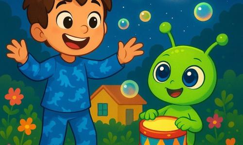 Un niño de 8 años, Lucas, con cabello castaño desordenado y ojos llenos de curiosidad, está en su jardín. Lleva un pijama azul con motivos de dinosaurios y una gran sonrisa en el rostro, mostrando su emoción. A su lado, Zozi, una extraterrestre pequeña y alegre, tiene piel verde brillante y ojos enormes y azules. Lleva zapatos luminosos y sostiene un tambor colorido que brilla bajo la luz de la luna. El jardín está lleno de flores coloridas y arbustos, con una casa amarilla de fondo bajo un cielo estrellado. La luna ilumina la escena con una suave luz plateada, creando una atmósfera mágica. Lucas y Zozi juegan juntos, siguiendo el ritmo del tambor, mientras burbujas luminosas flotan a su alrededor, iluminando la noche.