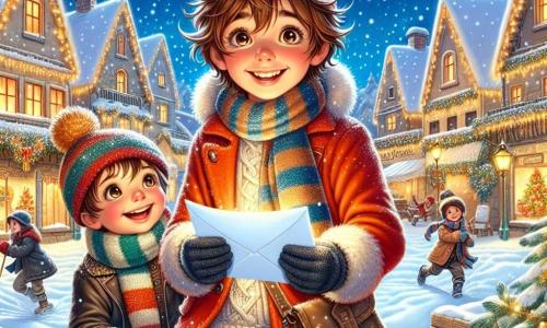 Un ragazzo di 11 anni, di nome Luca, si trova al centro dell'immagine, con capelli castani arruffati e un grande sorriso sul volto, esprimendo una gioia contagiosa. Indossa un cappotto rosso vivo, guanti di lana e stivali da neve, mentre tiene una lettera brillante tra le mani. Accanto a lui, il suo migliore amico Marco, un ragazzo di 11 anni con capelli castani e occhi vivaci, lo incoraggia con uno sguardo determinato, indossando una sciarpa a righe e un berretto di lana. Sullo sfondo, il suggestivo villaggio di Nevefelice si dispiega: case con tetti innevati, decorate con luci scintillanti, e un grande albero di Natale illuminato al centro della piazza, circondato da fiocchi di neve che cadono dolcemente. La scena rappresenta Luca e Marco, pronti a inviare la loro lettera a Babbo Natale, circondati da un'atmosfera festiva e magica, con bambini che giocano nella neve e adulti sorridenti che preparano le celebrazioni natalizie.