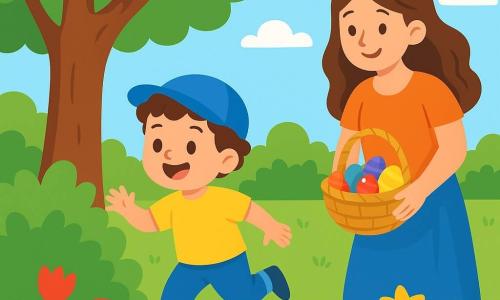 Un bambino di 2 anni, con capelli ricci e occhi scintillanti di gioia, indossa un cappello blu e una maglietta gialla. Sta saltando in giardino, con un grande sorriso sul volto, emozionato all'idea di cercare le uova di Pasqua. Sua madre, una donna di circa trenta anni con capelli lunghi e castani, è vicino a un albero, sorridente e incoraggiante, mentre tiene un cesto di vimini pieno di uova colorate. Il giardino è luminoso e verdeggiante, pieno di fiori dai colori vivaci, come tulipani rossi e narcisi gialli, sotto un cielo azzurro chiaro con alcune nuvole bianche e soffici. La scena principale mostra il bambino che scopre un uovo rosso nascosto dietro un cespuglio, con un'espressione di sorpresa e felicità, mentre sua madre lo osserva con orgoglio e tenerezza.