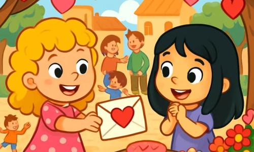 Ci sono 2 personaggi principali: Anna, una bambina di 5 anni con capelli ricci dorati, un sorriso malizioso e un vestito rosa a pois bianchi, in piedi a sinistra con una lettera a forma di cuore; e Giulia, una bambina di 5 anni con capelli neri lisci, grandi occhi brillanti e un vestito viola, a destra di Anna, che guarda la lettera con curiosità e un grande sorriso. La scena si svolge in una grande piazza del villaggio, decorata per la festa di San Valentino, con ghirlande di cuori rossi e rosa appese agli alberi e un grande tavolo pieno di dolci a forma di cuore, caramelle colorate e fiori brillanti. I bambini giocano, ridendo e correndo, mentre gli adulti chiacchierano allegramente. La situazione principale mostra Anna e Giulia che scoprono una lettera segreta con un cuore disegnato sopra; sono entusiaste e curiose, pronte a diventare messaggere dell'amicizia, immerse nell'atmosfera festosa di San Valentino, piena di risate e dolcezze.