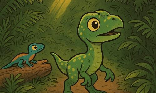 Un giovane velociraptor chiamato Rillo, scaglie verdi macchiate di giallo e occhi grandi e curiosi, cammina sulle unghie con la coda leggermente sollevata come se ascoltasse una musica lontana; a sinistra, una piccola lucertola volante turchese e arancione su un tronco caduto lo osserva inclinando la testa, complice; fitta vegetazione di felci e cicade, raggi di sole dorati filtrano tra le foglie, sentiero fangoso con impronte che brillano come stelle; Rillo si ferma con una zampa sollevata mentre la lucertola indica un sipario di foglie da cui sembra provenire una melodia, atmosfera calma, luminosa e misteriosa.