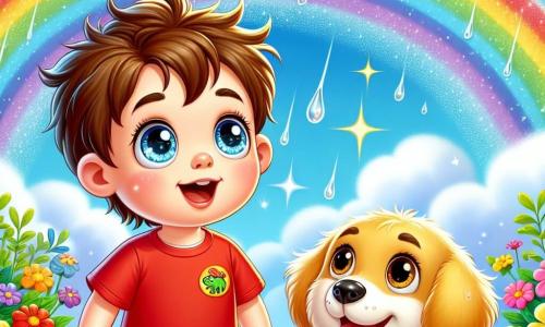 Un ragazzo di 6 anni, con capelli castani disordinati e occhi brillanti di curiosità, guarda meravigliato un arcobaleno luminoso che si estende nel cielo dopo un temporale. Indossa una maglietta rossa con un piccolo dinosauro e pantaloni corti blu, le sue guance sono leggermente arrossate dall'eccitazione. Accanto a lui, il suo fedele cane, un golden retriever dal pelo dorato e dagli occhi dolci, agita la coda con entusiasmo, pronto a seguirlo nella sua avventura. Sullo sfondo, un giardino colorato con fiori vivaci di tutti i colori, gocce di pioggia scintillanti sulle foglie e un cielo blu chiaro che contrasta con le nuvole bianche. La scena trasmette un'atmosfera gioiosa e piena di vita, illustrando il momento in cui il ragazzo supera la sua paura e scopre la bellezza dopo la tempesta.