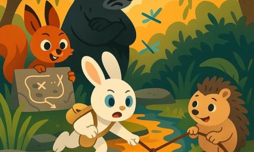 Milo, ein kleiner weißer Hase mit runden blauen Augen und mutigem, leicht außer Atem wirkendem Ausdruck, trägt eine kleine beigefarbene Stofftasche und streckt eine Pfote nach einem roten Apfel, der im Wasser schwimmt; Piks, ein runder Igel mit cremefarbenem Bauch, wirkt erleichtert und dankbar, hockt am rechten Ufer mit einem Blatt als Hut und zieht an einem Seil, das an einem Stock befestigt ist; Fina, ein rotbraunes Eichhörnchen mit großen Ohren und verschmitzten Augen, lächelt und zeigt eine mit Kreide auf einen flachen Stein gezeichnete Karte, steht hinter Milo links; Bruno, ein dunkelgrauer Dachs mit dicken Schnurrhaaren, beobachtet beschützend vom Gestrüpp im Hintergrund; Schauplatz: ein seichter Bach mit leuchtend grünen hohen Gräsern, grauen Flachsteinen, türkisfarbenen Libellen und sanfter Weide, goldenes Abendlicht mit orangen Spiegelungen auf dem Wasser; Szene: einfache, dynamische Zusammenarbeit beim Apfelretten, sichtbare Seile, Stock und Karte, freundliche Abenteuerstimmung, warme kontrastreiche Farben, klare Formen und gut lesbare Silhouetten.