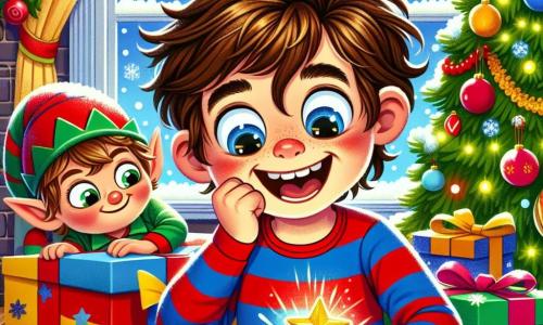 Um garoto de 8 anos, Lucas, com cabelos castanhos bagunçados e olhos brilhantes de curiosidade, está sentado no chão, cercado por presentes coloridos. Ele veste um pijama listrado azul e vermelho, e seu rosto expressa uma alegria encantada, com um grande sorriso e bochechas rosadas de excitação. Ao lado dele, um duende travesso, pequeno e brincalhão, com um chapéu vermelho pontudo e um sorriso malicioso, se esconde atrás de um presente, segurando uma estrela dourada brilhante nas mãos. A cena acontece em uma sala acolhedora, decorada com luzes e uma grande árvore de Natal, adornada com bolas coloridas e guirlandas cintilantes. Flocos de neve caem suavemente do lado de fora, visíveis através de uma janela decorada com neve falsa. Lucas e o duende estão em plena ação, Lucas rindo alto enquanto descobre um presente escondido atrás de uma almofada, enquanto o duende, com uma expressão travessa, parece pronto para escapar com outro presente.