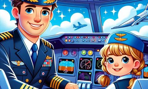 O personagem principal, o Capitão Hugo, é um homem sorridente de cerca de quarenta anos, com cabelos castanhos levemente desgrenhados sob seu chapéu de piloto. Ele usa um uniforme azul-marinho adornado com medalhas brilhantes, e seus olhos brilham de excitação enquanto está na cabine de seu avião, o "Pássaro Azul". Ao seu lado, Sofia, uma menina de 8 anos com cabelos loiros trançados, usa um pequeno chapéu de copiloto de papel e observa maravilhada os instrumentos do painel. Ela está sentada ao lado dele, com as mãos sobre os joelhos, pronta para viver a aventura. A cabine está cheia de luzes coloridas e botões cintilantes, com grandes janelas oferecendo uma vista espetacular do céu azul salpicado de nuvens brancas. Ao fundo, vê-se aviões na pista de pouso e técnicos trabalhando ao redor. A cena principal mostra o momento em que o Capitão Hugo explica a Sofia como pilotar o avião, com um ar de cumplicidade e alegria, cercados por uma atmosfera de aventura, com nuvens flutuantes e um sol radiante iluminando a cabine, criando um ambiente mágico e cheio de promessas.