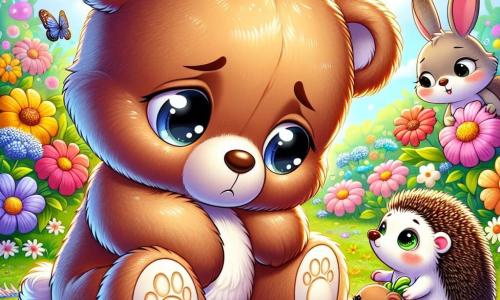 Een zachte, bruine teddybeer met grote ronde ogen en een melancholische uitdrukking zit op een tapijt van kleurrijke bloemen en kijkt treurig naar zijn vrienden. Naast hem kijkt een klein konijn met grote oren, een witte vacht en sprankelende ogen hem aan met een bemoedigende blik, terwijl het een kleine wortel in zijn pootjes vasthoudt. Ook een vriendelijke egel met zachte stekels staat daar, bezig met het verzamelen van glanzende bessen, klaar om zijn vriend te helpen. De scène speelt zich af in een zonnige tuin, vol met stralende bloemen en fladderende vlinders, met een heldere blauwe lucht op de achtergrond. De teddybeer voelt zich een beetje moe en verdrietig, maar zijn vrienden zijn er om hem op te vrolijken, klaar om verhalen en lachen te delen om hem weer energie te geven.