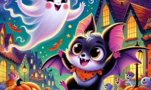 Un giovane pipistrello di nome Pip, con un pelo morbido e nero, occhi tondi e brillanti come stelle, vola felicemente in una notte di Halloween, il suo viso radioso di eccitazione e curiosità. Accanto a lui, un piccolo fantasma di nome Nebulina, con un corpo bianco e vaporoso e guance rosa, fluttua nell'aria, sorridendo e ridendo, con le braccia alzate come per invitare Pip a ballare. Il decor è una graziosa piazza di villaggio, decorata con lanterne arancioni e ragnatele scintillanti, con case dai tetti a punta e zucche sorridenti sulle finestre. La scena è piena di colori vivaci e dettagli festivi, come stelle cadenti e foglie autunnali che vorticano nell'aria. Pip e Nebulina si preparano a partecipare al Grande Ballo dei Coraggiosi, circondati da creature divertenti e gioiose, in un'atmosfera magica e piena di risate.