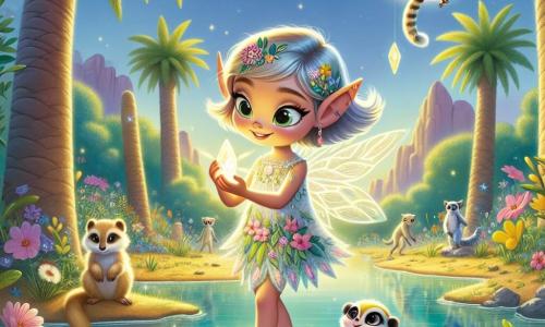 In the center of the image, Tilly, a little elf with moonlit hair and sparkling curious eyes, stands on a rock by an oasis. She wears a determined and joyful expression, holding a glowing crystal that emits a soft golden light. Her delicate body is dressed in a dress made of colorful leaves and flowers, and her translucent wings shimmer in the sunlight. Next to her, Saffron, a young meerkat with large ears and golden fur, stands on his hind legs, looking at Tilly with admiration. He is curious and eager to help her on her quest. A little further away, Luna, a wise owl with silver feathers, perches on a palm branch, watching the scene with a kind and mysterious gaze. The setting is an enchanting oasis, surrounded by majestic palm trees and vibrant flowers. The clear water of the oasis reflects the blue sky, and glowing crystals sparkle on the ground, creating a magical and welcoming atmosphere. The main scene shows Tilly touching the crystal to the water's surface, creating a wave of light that illuminates the oasis, while Saffron and Luna encourage her, embodying the hope and magic reborn in the desert.