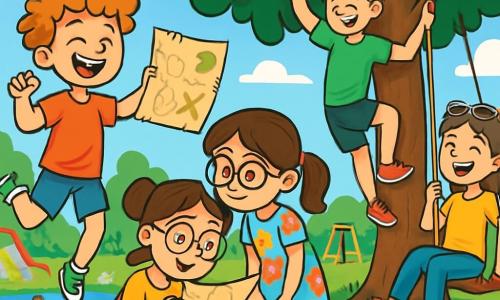 There are 4 children: Leo, a 10-year-old boy with curly, messy hair, wearing a red t-shirt and blue shorts, jumping for joy while holding a treasure map; Mia, a 9-year-old girl with round glasses and brown hair in pigtails, wearing a floral dress and leaning forward with a curious smile as she closely examines the map; Sam, an 11-year-old tall, athletic boy with messy blonde hair, climbing a tree next to them in a green t-shirt and black shorts, ready to grab the first clue; and Lily, a 10-year-old girl with brown hair and sunglasses on her head, wearing a yellow t-shirt and jeans, sitting on a swing, laughing and encouraging her friends to find the treasure. The setting is a sunny park filled with tall green trees, colorful flowers, and a small pond with ducks. There is a playground with swings and a slide, and a majestic old oak tree at the center where the children gather. The main scene shows the children on a treasure hunt, with Leo waving the map, Mia examining the clues, Sam climbing the tree to search for the first clue, and Lily laughing on the swing, all ready for a fun adventure together.