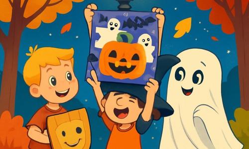 There are 3 characters: Sam, a 6-year-old boy with messy brown hair wearing a small black wizard hat that falls over his eyes, stands in the center with his arms raised, holding a poster tube. Ben, a 6-year-old boy with blonde hair, is on Sam's left, holding a cardboard shield decorated with a smile, his eyes sparkling with excitement, ready to help. Luca, a 6-year-old boy dressed in a white sheet as a ghost, with round mischievous eyes, is on Sam's right, slightly floating on his tiptoes, ready to play a prank. The setting is an autumn park with trees shedding golden and red leaves. An old lamppost stands in the center, illuminating the leaf-covered ground. The sky is deep blue, dotted with twinkling stars, and a gentle breeze makes the branches dance. The main scene shows the three friends trying to hang a large colorful Halloween poster on the lamppost, featuring a cheerful smiling pumpkin surrounded by ghosts and bats. The children are focused and amused, each using their imagination to reach the top of the lamppost, creating a scene full of camaraderie and adventure.