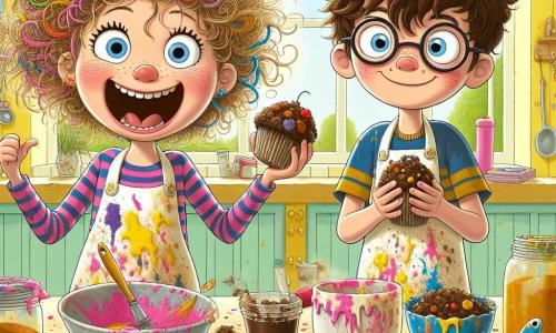 Daisy Pickleberry, an 11-year-old girl with curly, messy hair, is beaming with excitement. She wears a colorful apron covered in paint and flour stains and stands in front of a messy kitchen table, surrounded by strange, colorful ingredients. Next to her is Timmy, an 11-year-old boy with round glasses and tousled brown hair, laughing while holding a blue muffin with bacon, his eyes sparkling with mischief. The scene takes place in a bright, warm kitchen with pastel yellow walls and sunlight streaming through the windows. Colorful spice jars and kitchen utensils are scattered around, creating a joyful, chaotic atmosphere. Daisy, full of energy and creativity, is mixing bizarre ingredients to create her unique dish, the "Wobbleberry Surprise," while laughter and splashes of color fill the air, symbolizing the spirit of adventure and challenge in the story.