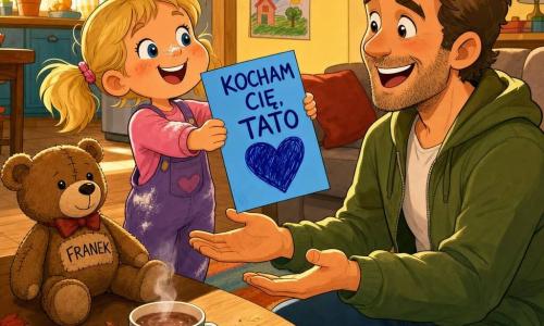Czterolatka radosna i dumna, blond kitki, z mąką na nosie, trzyma dużą niebieską kartkę z nieco zabawnym ciemnoniebieskim sercem i napisem KOCHAM CIĘ, TATO; tata około 35 lat, uśmiechnięty i wzruszony, lekki zarost, w luźnej marynarce siedzi na podłodze salonu i wyciąga ręce po kartkę; obok na stole leży mały, znoszony pluszowy miś Franek „pilnujący” kartki; ciepła kuchnio-salonowa sceneria z porannym złotym światłem, jasnym drewnianym stołem, parującym kakao i porozrzucanymi papierami oraz grubym niebieskim markerem; scena ucharakteryzowana ciepłymi kolorami, zaokrąglonymi liniami i przesadzonymi minami w stylu kreskówki lat 90.