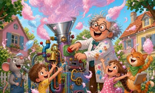 O personagem principal é o Senhor Borbulhas, homem de rosto redondo, óculos grandes, cabelo grisalho despenteado, avental manchado, maravilhado e um pouco envergonhado enquanto aperta um grande botão vermelho de uma máquina improvisada; ao lado, o rato Rato Risonho, pequeno, pelo cinza prateado, com jardineira azul e um martelo, olha para o céu; à direita, a gata Gata Gina, esguia, pelo ruivo riscado e bandana verde, ri segurando um caderno e um pedaço de algodão‑doce; à frente, duas crianças ajudam e se encantam: um menino de 6 anos com camiseta amarela suja de açúcar estende a mão a um tufo de algodão‑doce e uma menina de 7 anos de tranças e vestido rosa pula de alegria; tudo se passa num jardim suburbano colorido com calçada de paralelepípedos, árvores de folhas arredondadas e casas em tons pastel, enquanto a máquina de tubos, sinos, alavancas e um grande funil metálico cria uma enorme nuvem de algodão‑doce rosa e azul que desce do céu, envolvendo os personagens numa cena alegre, caótica e festiva.