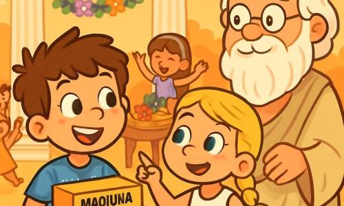 Um menino de 6 anos, chamado Tomás, com cabelos castanhos bagunçados e olhos brilhantes de curiosidade, está no centro da imagem, com um sorriso maravilhado no rosto. Ele usa uma camiseta azul com estampas de carros e um short vermelho, segurando uma caixa chamada "máquina do tempo" nas mãos, com os olhos arregalados de empolgação. Ao lado dele, uma menina de 7 anos, Helena, com cabelos loiros trançados e um vestido branco decorado com flores coloridas, sorri alegremente. Ela aponta para um sábio, Sócrates, um homem idoso com uma longa barba branca e óculos redondos, vestido com uma túnica bege, que está um pouco afastado, ouvindo atentamente a conversa. O cenário é uma festa grega animada, com colunas brancas majestosas, guirlandas de flores coloridas penduradas e mesas cheias de frutas e iguarias deliciosas. Crianças dançam ao redor, e músicos tocam a lira, criando uma atmosfera festiva e alegre. A cena principal mostra Tomás e Helena entregando uma mensagem importante a Sócrates, enquanto a luz dourada do sol poente ilumina a cena, acrescentando um toque mágico a este encontro inesquecível.