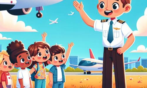 O personagem principal é um homem chamado Pedro, um piloto sorridente com cabelos castanhos e um boné de piloto. Ele usa uma camisa branca e uma gravata azul, e está de pé na frente de um grande avião, com os braços abertos, como se estivesse recebendo as crianças a bordo. Ao seu lado, uma menina chamada Luísa, de cerca de 8 anos, com cabelos cacheados e uma camiseta colorida, levanta a mão com entusiasmo, os olhos brilhando de excitação. Um menino chamado João, também de 8 anos, com cabelo curto e camiseta vermelha, observa Pedro com admiração, de braços cruzados, como se sonhasse em se tornar piloto também. O cenário é um aeroporto ensolarado, com um céu azul claro e algumas nuvens brancas. No fundo, há aviões estacionados e crianças reunidas ao redor de Pedro, todas fascinadas por sua história. A situação principal mostra Pedro contando suas aventuras de piloto para as crianças, cativando-as com histórias de voos sobre oceanos e paisagens deslumbrantes, enquanto elas o escutam atentamente, com os rostos iluminados pela admiração.