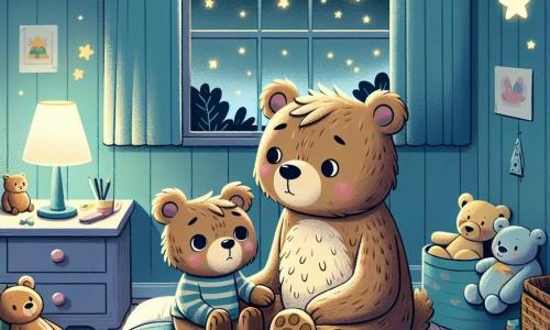De hoofdpersoon, een kleine bruine beer genaamd Bram, heeft grote ronde ogen en een bezorgd gezicht. Hij zit op zijn bed, omringd door knuffels, met een angstige uitdrukking terwijl hij naar de duisternis van zijn kamer kijkt. Naast hem zit zijn mama, een grote zachte beer met een crèmekleurige vacht, die hem teder toekijkt en zijn hand vasthoudt om hem gerust te stellen. Ze heeft een kalme en troostende uitdrukking en staat dicht bij haar zoon om hem moed te geven. De kamer is warm, met pastelblauwe muren, glinsterende sterren op het plafond en een zachte nachtlamp die de ruimte zwak verlicht. Speelgoed ligt verspreid over de vloer en een raam biedt uitzicht op een sterrenhemel. Bram, hoewel bang, begint zich te ontspannen door de liefde en steun van zijn mama terwijl ze samen een zacht liedje zingen om zijn angsten voor het donker te verlichten.