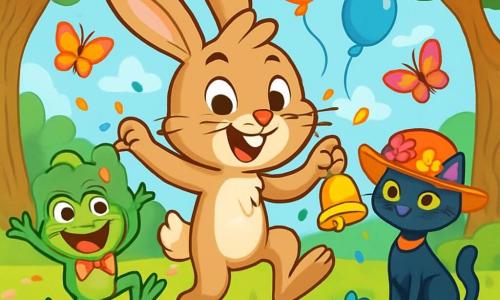 Rufus, un iepuraș mic cu urechi mari și blană de culoare brun deschis, sare vesel în centrul scenei, cu un zâmbet jucăuș pe față. Ochii săi strălucesc de șotii în timp ce agită un clopoțel strălucitor în laba din față. Lângă el, Gigi, o broască verde cu un papion roșu puțin strâmb, face o piruetă, fața ei radiază de entuziasm și bucurie. Mai departe, Matilda, o pisică elegantă de culoare neagră purtând o pălărie mare cu flori colorate, observă scena cu un zâmbet amuzat, ochii ei strălucind de entuziasm. Decorul este o poiană fermecată, înconjurată de copaci cu trunchiuri răsucite și flori multicolore care dansează în vânt. Balonase colorate plutesc în aer, în timp ce fluturi cu aripi irizate zboară în jurul personajelor. Situația principală arată cum Rufus, cu un râs zgomotos, agită clopoțelul magic, provocând o ploaie de confetti strălucitoare și surprize vesele, în timp ce prietenii săi se distrează în jurul lui, creând o atmosferă festivă și plină de viață.
