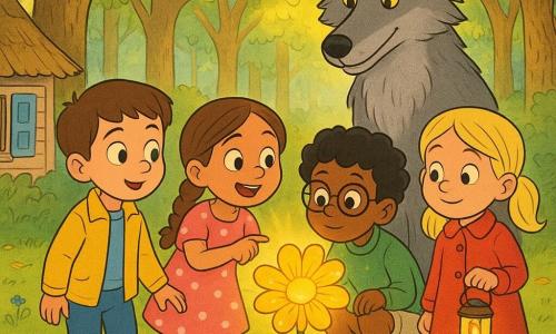 Hay 5 personajes: Lucas, niño de 8 años, pelo castaño corto, ojos verdes, chaqueta amarilla y pantalón azul, sostiene la mano de Sofía y está a la izquierda mirando la gran flor brillante; Sofía, niña de 7 años, pelo castaño largo en trenza, vestido rosa con lunares blancos y sandalias verdes, centro-izquierda señalando la flor con entusiasmo; Mateo, niño de 8 años, pelo negro rizado, gafas redondas, suéter verde y pantalón corto beige, centro-derecha agachado mirando la flor con curiosidad; Carla, niña de 7 años, pelo rubio en coletas, abrigo rojo y botas marrones, a la derecha sosteniendo una pequeña linterna encendida; y el Gran Lobo, antropomorfo, gran lobo gris de pelaje suave y ojos ámbar, sonrisa tranquila, postura algo encorvada pero no amenazante, detrás de los niños observándolos con benevolencia. Lugar: un claro en un bosque encantado con césped verde, alfombra de hojas doradas y árboles con troncos nudosos formando un círculo; a la izquierda una pequeña casa de madera con contraventanas pintadas y techo de paja; flores azules y setas rojas en primer plano; rayos de sol filtrándose entre las hojas creando manchas luminosas. Situación: los niños han encontrado en el centro del claro una gran flor dorada que brilla como el sol, emite una luz cálida y pétalos translúcidos centelleantes; están en semicírculo, maravillados, mientras el Gran Lobo los mira sonriendo en una atmósfera cálida, segura y alegre.