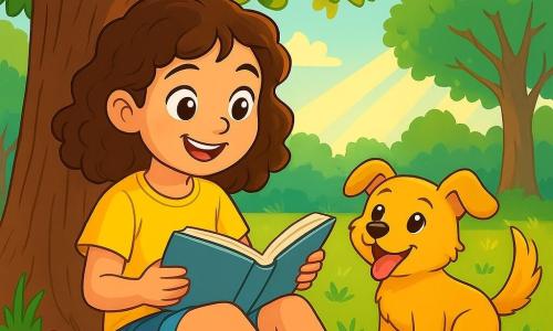 Een 10-jarig meisje, genaamd Emma, met krullend bruin haar en nieuwsgierige ogen, zit onder een grote eik met een stralende glimlach op haar gezicht. Ze draagt een felgele t-shirt en een spijkerbroekshort, terwijl ze een open boek op haar schoot heeft en gefascineerd is door het verhaal dat ze leest. Naast haar kwispelt een kleine hond met gouden vacht, genaamd Max, enthousiast met zijn staart, zijn ogen stralend van vreugde en energie. De plek is een zonnige open plek in het hart van een groene bos, omringd door majestueuze bomen waarvan de bladeren zachtjes in de bries dansen. Kleurrijke bloemen bedekken de grond en voegen rode, blauwe en paarse tinten toe aan dit natuurlijke tafereel. Emma en Max genieten van een moment van rust, verdiept in hun literaire avontuur, terwijl de zonnestralen door de takken filteren en een spel van schaduwen en licht op de grond creëren.