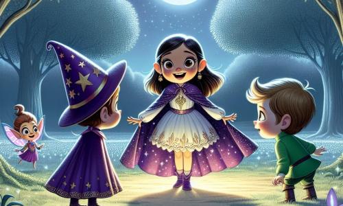 Lucía, una niña de doce años con largos cabellos castaños y ojos llenos de curiosidad, lleva un hermoso disfraz de mago con una capa violeta adornada con estrellas brillantes. Se encuentra en un claro iluminado por la luna, su rostro refleja emoción y asombro al descubrir un portal mágico frente a ella. A su lado, Puck, un pequeño duende de orejas puntiagudas y ojos brillantes, viste un traje colorido con un sombrero en forma de cono. Sonríe alegremente, saltando con entusiasmo, listo para guiar a Lucía en su aventura. Gleam, otro duende, es más pequeño y lleva una túnica verde, mira a Lucía con admiración, sus ojos brillando de emoción. El lugar es un amplio claro, bañado por la luz plateada de la luna, rodeado de majestuosos árboles con hojas brillantes. El suelo está cubierto de suave hierba y salpicado de flores luminosas que añaden un toque de magia al entorno. La escena principal muestra a Lucía a punto de cruzar el misterioso portal, símbolo de su aventura de Halloween, mientras los duendes la animan con sonrisas radiantes, creando una atmósfera de magia y emoción palpable.