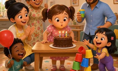 Niña de 4 años, alegre y concentrada, cabello castaño claro en coletas, ojos avellana redondos, vestido rosa con lunares blancos, sopla tres velas de un pastel de chocolate; madre de unos 30 años, pelo negro recogido, delantal amarillo, agachada a la izquierda lista para aplaudir; padre de unos 32, barba suave, camisa azul claro, de pie a la derecha con un vaso colorido mirando orgulloso; abuela de unos 65, pelo gris en moño, vestido floreado, sostiene dos globos detrás de la mesa; dos amigos de 4 años (niño con globo rojo y niña que alcanza una torre de vasos); estancia cocina-salón luminosa con mesa de madera clara, guirnalda multicolor, alfombra de estrellas, vasos de plástico apilados (rojo, azul, verde, amarillo) y algunos confetis; escena principal: fiesta mientras la niña sopla las velas y la familia aplaude, con una torre de vasos ligeramente inclinada en segundo plano; estilo visual: figuras 3D redondas y brillantes, texturas suaves, iluminación cálida de atardecer, colores vivos y contrastados, expresiones exageradas y adorables.