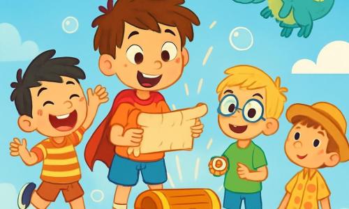 Hay 4 niños: - Leo: un niño de 8 años, con cabello castaño desordenado y ojos brillantes. Lleva una capa roja y sostiene un antiguo rollo de mapa en sus manos, mirando con emoción. - Nico: un niño de 7 años, con cabello rubio y gafas redondas. Lleva una camiseta verde y un pantalón corto azul, sonriendo mientras sostiene una pequeña brújula en su mano. - Rafa: un niño de 6 años, con cabello negro y pecas. Lleva una camiseta a rayas y pantalones cortos, riendo a carcajadas mientras salta cerca de Leo. - Dani: un niño de 7 años, con cabello castaño y un sombrero de paja. Lleva una camisa de flores y mira al cielo con asombro, un poco apartado. Los niños están en la cima de una colina verde, rodeados de flores coloridas que cantan suavemente. Al fondo, un cielo azul brillante está salpicado de nubes esponjosas, y un pequeño dragón de escamas brillantes los observa con curiosidad. La escena principal muestra a los niños descubriendo un cofre brillante en la cima de la colina, rodeado de burbujas de risas que flotan en el aire, listas para estallar y liberar destellos de alegría. Las caras de los niños están iluminadas por la emoción, mientras el dragón se acerca, intrigado por el tesoro mágico.