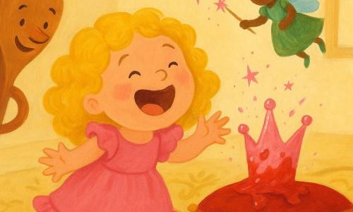 Prinzessin Lilli, fröhlich und überrascht, lockiges blondes Haar, rosa Volantkleid, lacht und greift nach einer kleinen rosa Krone, die mit Erdbeermarmelade verschmiert ist; links steht ein lackierter Holzhutständer mit gemaltem Gesicht, nach vorn geneigt und kichernd; eine kleine elegante Fee mit durchscheinend blauen Flügeln und grünem Kleid schwebt über der Krone und schwingt ihren Zauberstab, der rosa Sterne sprüht; die kleine glänzende Krone hüpft auf einem roten Samtkissen, rundherum eine umgefallene weiße Schüssel mit Marmeladenflecken und schwebenden rosa Funkeln; heller Schlossraum mit cremefarbenen Wänden, golden gemustertem Teppich und warmer, kindlicher Stimmung; lustiger Moment, in dem die Krone springt, von Marmelade rosa wird und die Prinzessin vor Lachen niest, während Fee und Hutständer amüsiert zusehen; Stil: weiche Gouache, leuchtende Pastellfarben, runde Formen, dicke Texturen, Komposition zentriert auf Prinzessin und Krone.