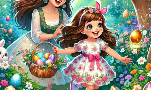 An 8-year-old girl named Lily, with long brown hair and sparkling joyful eyes, is picking up colorful eggs in a magical garden. She wears a floral spring dress and bunny-shaped slippers, her face radiating excitement. Next to her, her mom, a woman in her thirties with brown hair and a warm smile, holds a basket filled with decorated eggs and encourages her enthusiastically. The garden is filled with bright flowers, tall trees with green leaves, and a clear blue sky, creating a joyful and festive atmosphere. Easter eggs with various patterns, like stripes and polka dots, are hidden behind bushes and under flowers, adding a touch of magic to the scene. Lily discovers a shiny golden egg under a tree, her face lighting up with surprise and curiosity as she prepares to open it for an amazing surprise.