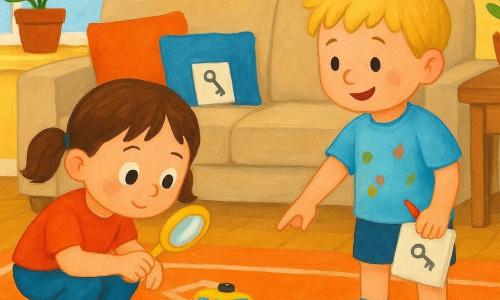 Dois personagens: uma menina de 4 anos, cabelos castanhos em duas marias, olhos redondos, segurando uma lupa amarela e agachada à esquerda do sofá examinando um pequeno táxi brinquedo amarelo no chão; e um menino de 4 anos, cabelos loiros curtos, manchas de tinta na camiseta azul-claro, em pé à direita do sofá apontando uma pista de tecido azul perto do táxi enquanto segura um caderno de desenhos e um lápis vermelho. O cenário é uma sala de estar luminosa e acolhedora com um grande sofá bege, almofadas coloridas, tapete geométrico laranja e branco, mesa baixa em madeira clara, planta em vaso de terracota e uma caixa de correio aberta no chão. Situação: os dois pequenos investigadores descobrem pistas para achar um chaveiro perdido — o táxi-brinquedo sobre o tapete, uma folha vermelha ao lado, um pedaço de tecido azul sob o táxi e um bilhete desenhado entre as almofadas; ambiente suave, cores vivas e traços simples e arredondados para um tom amigável e lúdico.