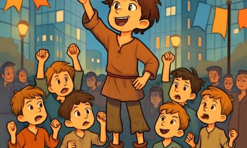 Little Thumb, a boy with tousled brown hair and sparkling determined eyes, stands on a wooden crate in a large town square, holding a shiny pebble up to the sky. He wears a simple tunic and worn trousers, with shoes too big for him, and his face expresses strong emotions of courage and hope. Beside him, his six brothers, all young boys with expressions of concern and excitement, encourage him by raising their arms, forming a circle around him. The bustling square is surrounded by tall, shimmering glass buildings, where people with varied faces gather, intrigued by Little Thumb's speech. Colorful posters flutter in the wind, and streetlights illuminate the scene with a soft, warm glow. The main situation shows Little Thumb bravely addressing the crowd, calling for unity and hope, while passersby, initially skeptical, begin to pay attention, captivated by his message.