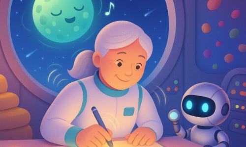 Una exploradora sonriente y atenta, la señora Luna, rostro redondo y cabello plateado en coleta, traje espacial blanco con detalles turquesa, sentada en una mesa luminosa dibujando un gran cuaderno de mapas con un bolígrafo que deja una estela de luz; a su derecha, un pequeño robot llamado Pico, cuerpo redondo cromado y ojos LED azules, sostiene un sensor luminoso y observa el mapa listo para ayudar; fuera, visible por la gran ventana, flota una pequeña luna viva, redonda y verde con manchas brillantes que pulsa luz como si cantara; interior del puente de la nave Lirio con grandes ventanas circulares, paredes metálicas suaves, cojines dorados apilados, instrumentos con botones iluminados y una regla luminosa sobre la mesa; afuera, estrellas azules, cometas perladas y un campo de rocas flotantes coloridas que parecen frutas; escena centrada y cálida: la mujer escucha y dibuja mientras la luz pulsa, el robot anota sonidos y la luna emite ondas luminosas, tonos pastel, formas redondeadas, iluminación suave y contrastes nítidos.