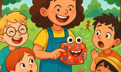 Lucy is a young woman with curly brown hair, wearing a blue overall and a bright yellow t-shirt. She has a big joyful smile and sparkling eyes as she proudly presents her invention, the Giggle-O-Matic, a small colorful box with googly eyes and polka dot patterns. Next to her, her friends, four children aged 7 to 9, gather around her. One boy with blonde hair and round glasses laughs out loud, while a girl with braided red hair in a floral dress gazes at the box in wonder. Another boy with messy brown hair looks surprised, and a little girl with black hair and a straw hat stands back, laughing joyfully. The scene takes place in a sunny park with lush trees, colorful flowers, and a bright blue sky. Children play in the distance, and a wooden bench nearby has scattered toys. The main situation shows Lucy pressing the button on the Giggle-O-Matic, which starts emitting hilarious jokes, causing her friends to burst into laughter. The box's eyes come to life, and the atmosphere is filled with joy and contagious laughter.