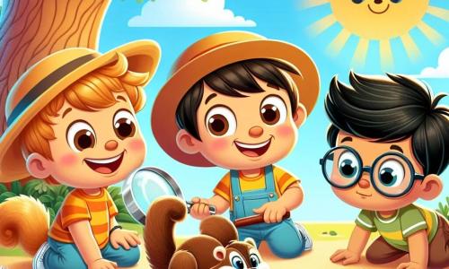 In a sunny park, three little friends are gathered together. Timmy, a three-year-old boy with messy brown hair and a big smile, wears an oversized hat. Next to him, Benny, another three-year-old with blond hair and funny glasses, looks around with curiosity. Sammy, a small boy with black hair and sparkling eyes, holds a large magnifying glass and pretends to search for clues in the sand. Behind them, a large tree with sprawling branches provides shade, and colorful flowers dance in the breeze. On the ground, cookie crumbs shine in the sunlight, forming a mysterious trail. The friends are on a quest to find their missing snacks, laughing and having fun as they follow the crumb trail leading them to a family of mischievous squirrels, ready to share a moment of joy and laughter.