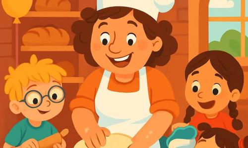 A joyful baker, Betty, is at the center of the image. She is a woman in her forties, with curly brown hair, a warm smile, and rosy cheeks. She wears a large white apron and a chef's hat shaped like a cloud. Betty is kneading bread dough, her flour-dusted hands moving enthusiastically. Next to her, three curious children watch her. Tommy, an 8-year-old boy with round glasses and messy blond hair, holds a small rolling pin, ready to help. Lucy, a 7-year-old girl with brown braids and a bright smile, pours water into a large bowl. Mia, a 6-year-old girl with pigtails and a floral dress, gazes at the rising dough with wide eyes. The scene takes place in a warm and colorful bakery, with red brick walls, shelves filled with golden bread, and windows letting in morning light. Festive decorations, like paper garlands and balloons, add a cheerful atmosphere. The main situation shows Betty and the children preparing creative breads for the big bread festival, filled with excitement and laughter as the dough rises before them, promising delicious surprises.